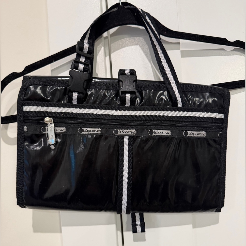 LeSportsac Black Nylon Parent Toiletry Bag with White Stripe Trim